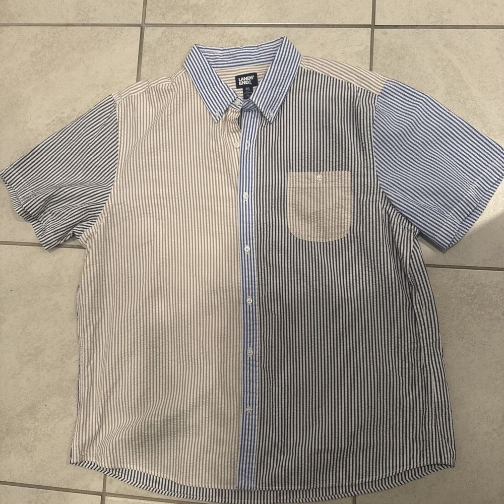Land's End Shirt Mens XXL Blue Striped Casual Button Down Short Sleeve Collared